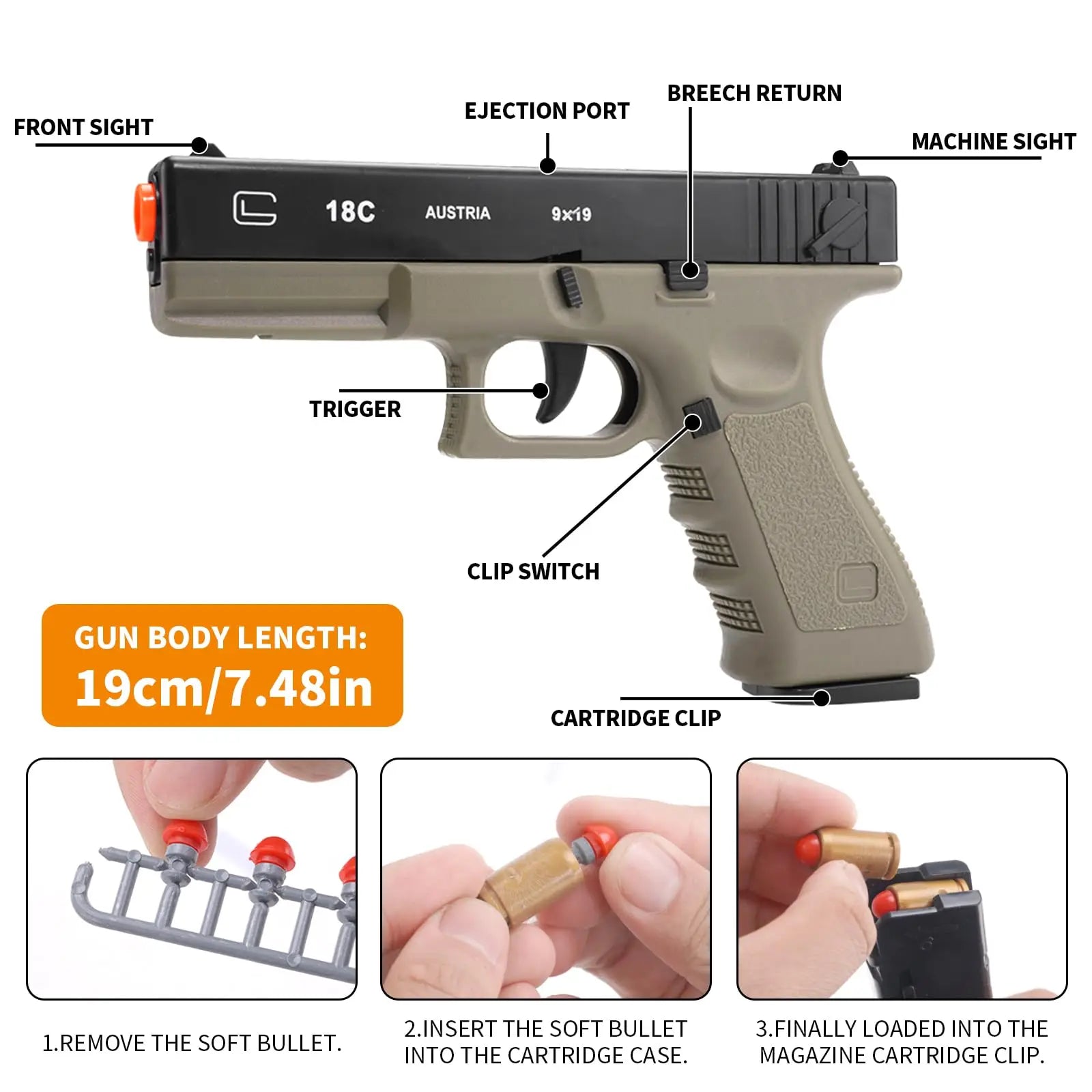 Semi Automatic Shell Ejecting Soft Bullet Glock Toy